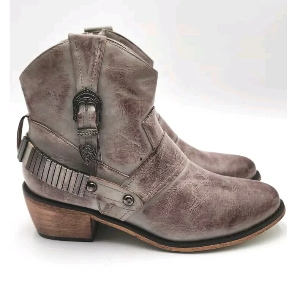 Vintage 93 Bentley B Ankle‎ Boots Buckle Jeans 7M Womens Taupe Side Zip NWT